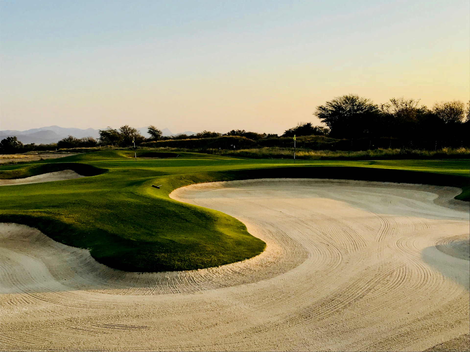 Championship golf course and sculpted bunkers at sunset